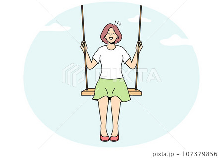 Smiling woman on swing in clouds Smiling woman on swing in clouds 107379856