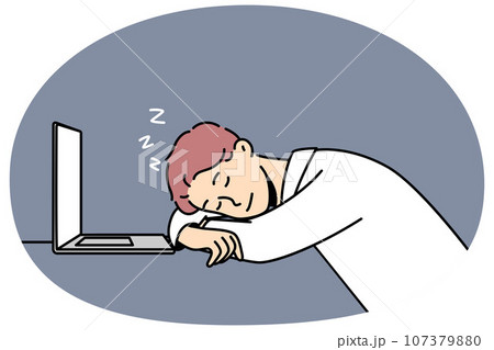 Tired man fall asleep at workplace 107379880