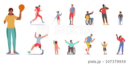 Set Of Characters With Disabilities Possess Strengths And Abilities, Facing Challenges With Resilience. Amputee People Set Of Characters With Disabilities Possess Strengths And Abilities, Facing Challenges With Resilience. Amputee People 107379939