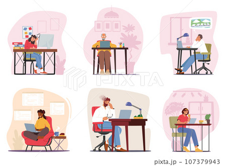 Characters With Laptops And Desktop Computers, Engrossed In Work Or Leisure Activities, Diverse People Productivity Characters With Laptops And Desktop Computers, Engrossed In Work Or Leisure Activities, Diverse People Productivity 107379943