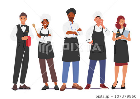 Restaurant Workers, Administrator, Chef and Waiter Stand In A Row, Ready To Serve. Hospitality Staff Characters Restaurant Workers, Administrator, Chef and Waiter Stand In A Row, Ready To Serve. Hospitality Staff Characters 107379960