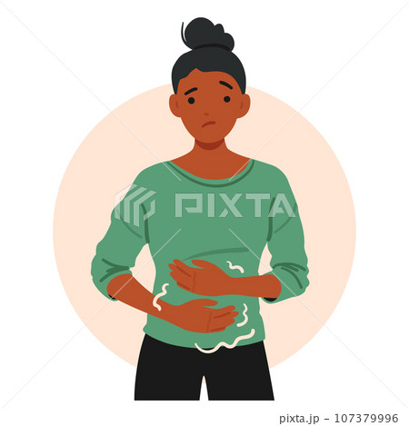 Woman Grimaces, Clutching Her Stomach In Discomfort, African American Female Character Experiences Symptoms Of Gastritis 107379996