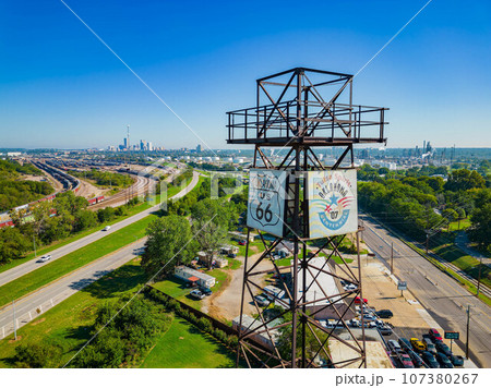 Sunny aerial view of the Route 66 Historical Village 107380267