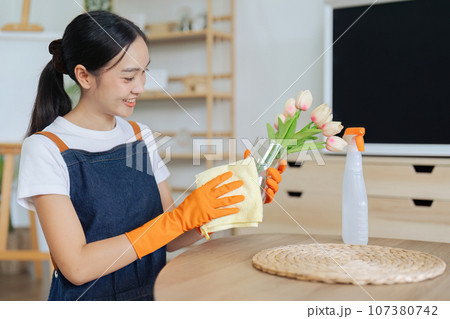 Young woman cleaning using spray and wiping the jar with microfiber cloth in living room 107380742