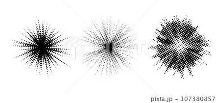 Halftone burst element set. Pop art dotted explosion collection. Black light star with grunge textured effect. Abstract retro noise grain shine star flare. Vector pixelated splash and blast pack Halftone burst element set. Pop art dotted explosion collection. Black light star with grunge textured effect. Abstract retro noise grain shine star flare. Vector pixelated splash and blast pack 107380857