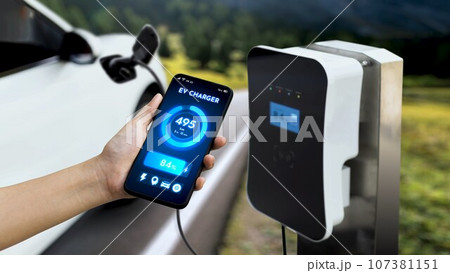Smartphone display battery status interface by smart EV app. Peruse 107381151