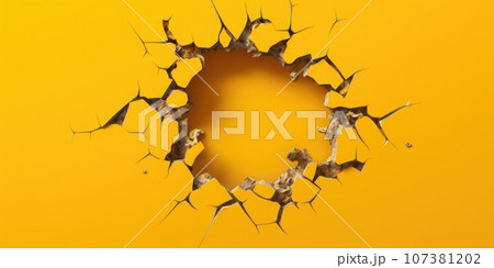 Breaking out of a hole in solid Yellow wall, torn hole, empty copy space frame, mockup. Generative AI weber. 107381202