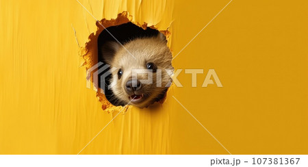 Cute Bear peekging out of a hole in wall, torn hole, empty copy space frame, mockup. Generative AI weber. Cute Bear peekging out of a hole in wall, torn hole, empty copy space frame, mockup. Generative AI weber. 107381367