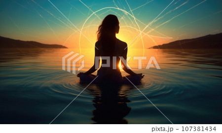 Woman in meditation Backlit Pose with calm and energy . Generative AI weber. Woman in meditation Backlit Pose with calm and energy . Generative AI weber. 107381434