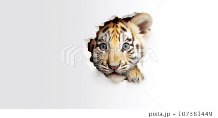 Cute Tiger peekging out of a hole in wall, torn hole, empty copy space frame, mockup. Generative AI weber. Cute Tiger peekging out of a hole in wall, torn hole, empty copy space frame, mockup. Generative AI weber. 107381449