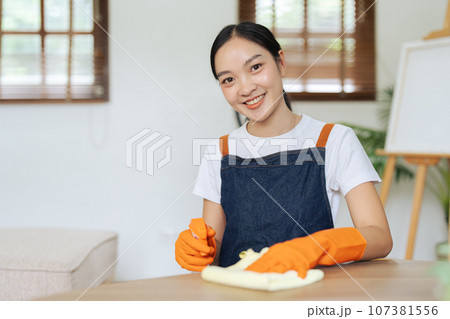 Young woman cleaning using spray and wiping the table with microfiber cloth in living room 107381556