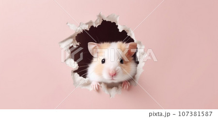 Cute Hamster peeking out of a hole in wall, torn hole, empty copy space frame, mockup. Generative AI weber. 107381587