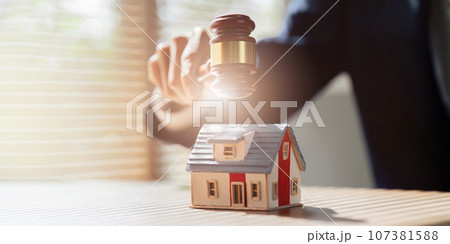 lawyer mediating in a property dispute. Auctioneer knocking down a property sale. Real estate sale auction concept lawyer mediating in a property dispute. Auctioneer knocking down a property sale. Real estate sale auction concept 107381588
