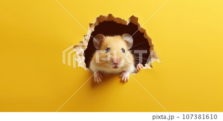 Cute Hamster peeking out of a hole in wall, torn hole, empty copy space frame, mockup. Generative AI weber. 107381610