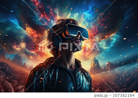 Man wearing virtual reality goggles. futuristic entertainment concept. Generative AI 107382164