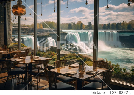 Luxury eatery near beautiful lake. dinner concept. Generative AI 107382223