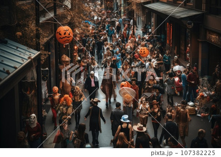 People with Halloween costume festival. thanksgiving. Generative AI 107382225