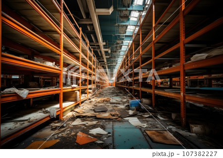 Empty rack shelf in mega storehouse. Logistic concept. Generative AI 107382227
