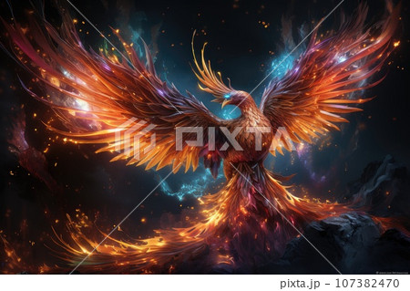 Phoenix is flying burning with fire. Birds. Mythical creatures. Generative AI 107382470