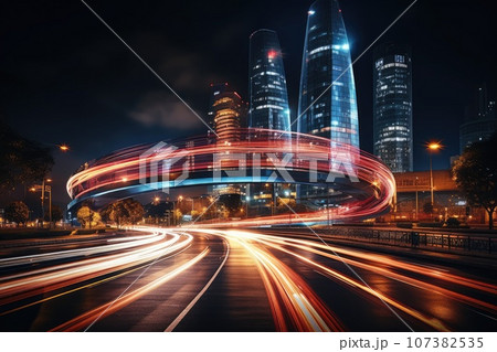 Abstract night cityscape background. Smart city, ai and digital transformation concept. Double exposure Abstract night cityscape background. Smart city, ai and digital transformation concept. Double exposure 107382535