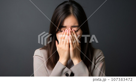両手で顔を覆う若い女性「AI生成画像」 107383472