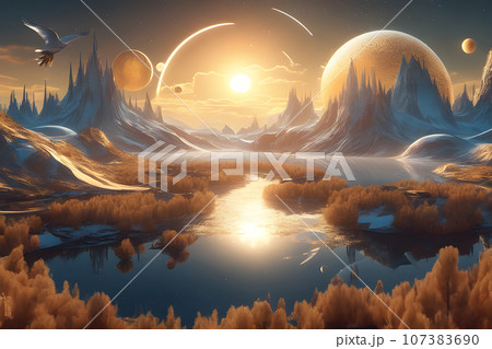 a planet landscape winging river reflecting sunlight 107383690