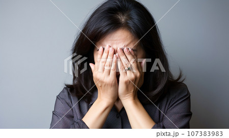 両手で顔を覆う中年女性「AI生成画像」 107383983