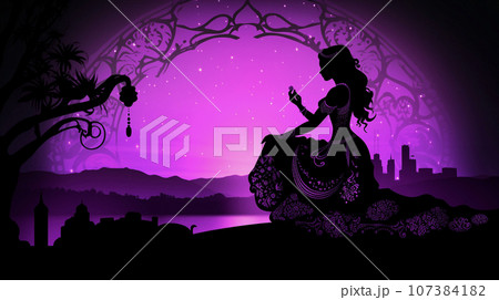 童話の美しいお姫様と城のシルエット AI画像 童話の美しいお姫様と城のシルエット AI画像 107384182