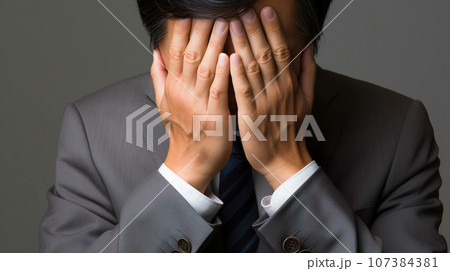 両手で顔を覆うスーツ姿の男性「AI生成画像」 107384381