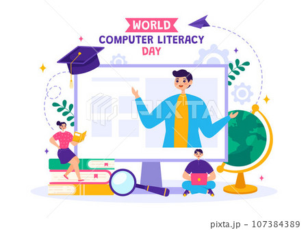 World Computer Literacy Day Vector Illustration on December 2 with Book and Media Equipment in Education Holiday Cartoon Hand Drawn Templates 107384389