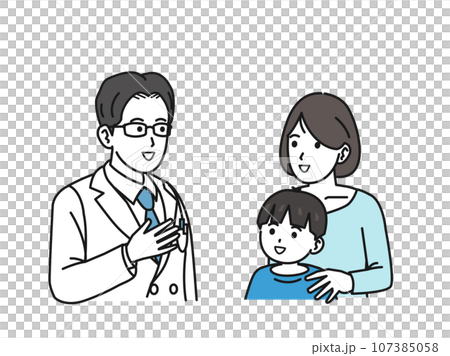Illustration of a mother receiving an explanation from a doctor at a pediatrician's clinic 107385058