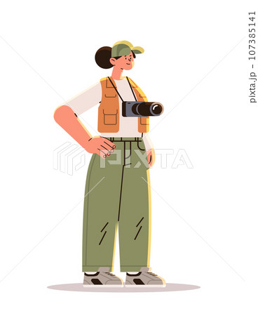 woman photographer young girl with camera posing near usa flag happy labor day celebration concept vertical full length 107385141
