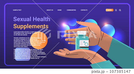 hands holding oral contraceptive blue pills for erection birth control pill concept prevention HIV and AIDS item for relax sex and wellness horizontal 107385147