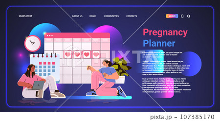 Happy pregnant woman near the calendar planned appointment with gynecologist pregnancy planner concept horizontal Happy pregnant woman near the calendar planned appointment with gynecologist pregnancy planner concept horizontal 107385170
