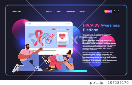 man woman couple with red ribbon solidarity with HIV-positive and living with AIDS people awareness campaign concept man woman couple with red ribbon solidarity with HIV-positive and living with AIDS people awareness campaign concept 107385176