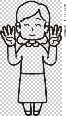 左手は3本指、右手は4本指の43のハンドサインをして笑う女性の全身線画イラスト 左手は3本指、右手は4本指の43のハンドサインをして笑う女性の全身線画イラスト 107385526
