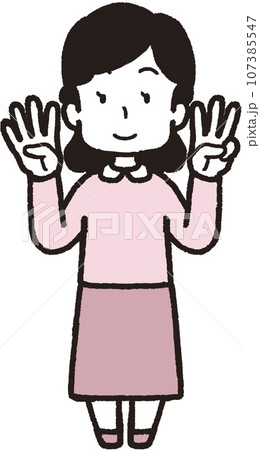 左手は3本指、右手は4本指の43のハンドサインをして笑う女性の全身イラスト 107385547