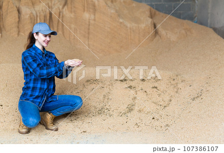 Female farmer holding handful of soybean hulls in farm storage 107386107