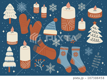手袋やキャンドルなどの手書きベクターイラスト／冬・クリスマス／ライフスタイル 107386458