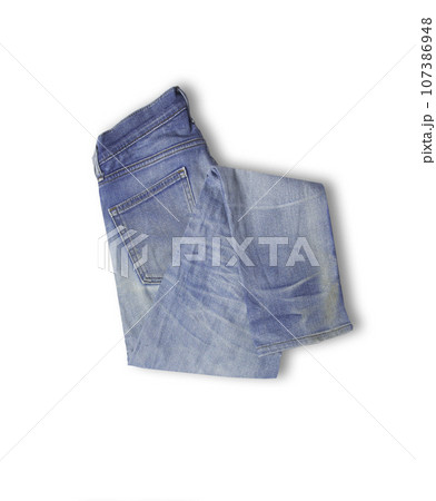 Denim texture in close up view with copy space isolate on white background with clipping path. Blue jeans pattern no seam with macro to preset about classic fashion cloths concept. Indigo color fabric 107386948