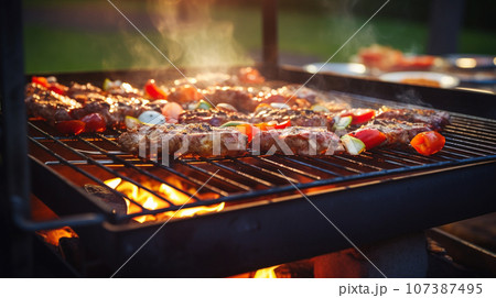 barbecue on metal frame. food for outdoor party. selective focus. generative AI 107387495