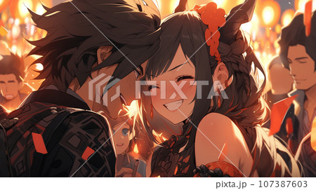 祭りで楽しそうに談笑する二人 祭りで楽しそうに談笑する二人 107387603