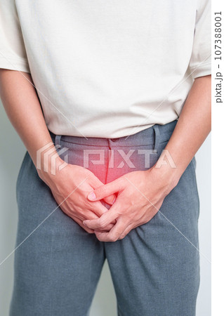Older Man having Prostate gland or Urinary bladder pain. Prostate Cancer, Enlarged prostate, Prostatitis disease, Hypothyroidism, Male Infertility, Health and World cancer day concept 107388001