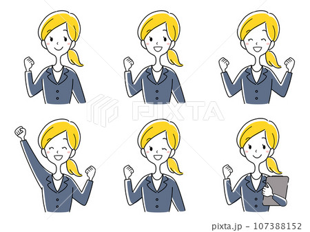 ガッツポーズをするスーツの女性のイラストセット 107388152