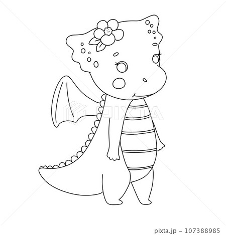 Cute dragon with flower isolated on white background. Outline vector cartoon character for coloring page. Childish line illustration 107388985