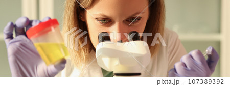 Laboratory worker does urine test using modern microscope Laboratory worker does urine test using modern microscope 107389392