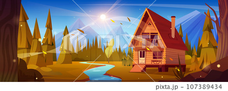 Wooden house in forest near river and mountains. 107389434