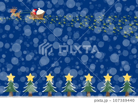 配達中のサンタクロースとクリスマスツリーが連なる背景イラスト【A4】 107389440
