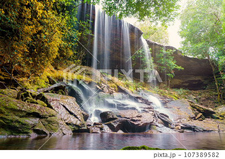 Waterfall at Phu Kradueng national park, Loei Thailand, beautiful landscape of waterfalls in rainforest Waterfall at Phu Kradueng national park, Loei Thailand, beautiful landscape of waterfalls in rainforest 107389582