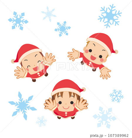舞い降りる雪の結晶を見上げるサンタコスチュームの可愛い小さな子どもたちのイラスト 白背景 舞い降りる雪の結晶を見上げるサンタコスチュームの可愛い小さな子どもたちのイラスト 白背景 107389962
